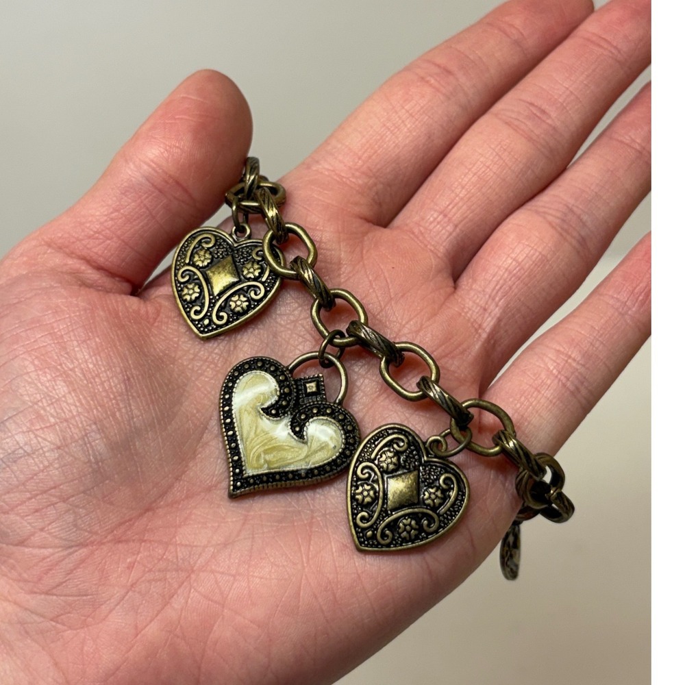 Antique Brass Tone Heart Charm Bracelet Toggle Clasp Enamel Detail